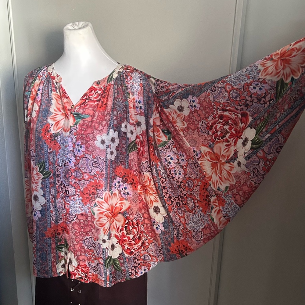Johnny Was Jade Ingrid Multicolor Floral Batwing Notch Neck Oversized Blouse